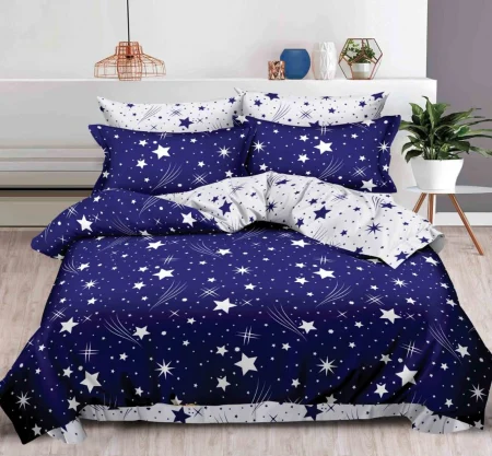 OFERTA 1+1 - Lenjerie de pat Finet 6 piese,Bleumarin/Alb,cu Stelute-R162