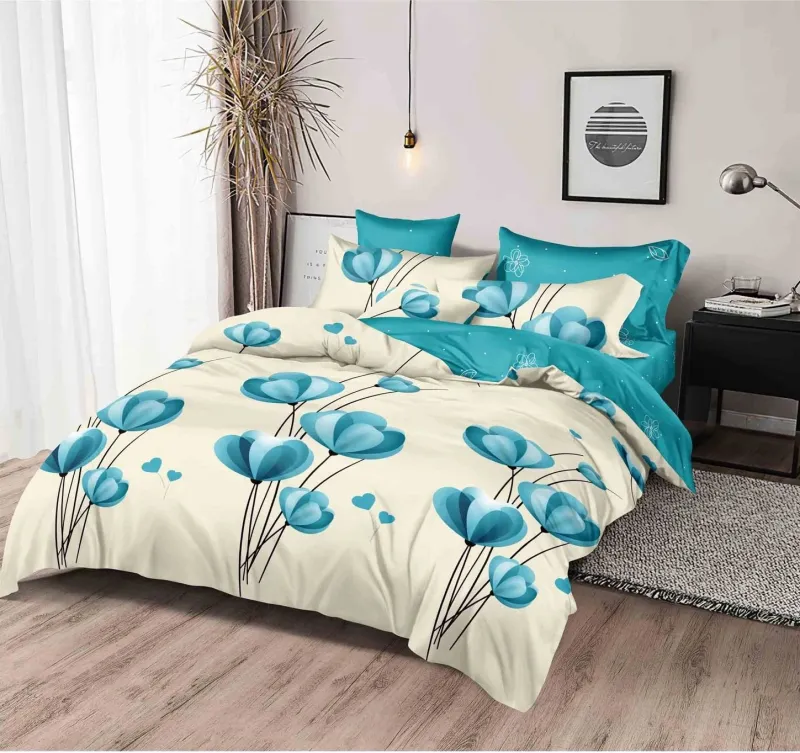 LENJERII DE PAT 1+1 GRATIS - Lenjerie de pat Finet  6 piese,Crem cu Flori Turcoaz-KY25