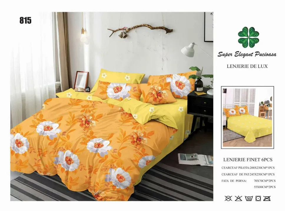 Lenjerii Pucioasa Super Elegant - Lenjerie de pat Finet 6 piese, galben cu flori albe si portocalii-LP815
