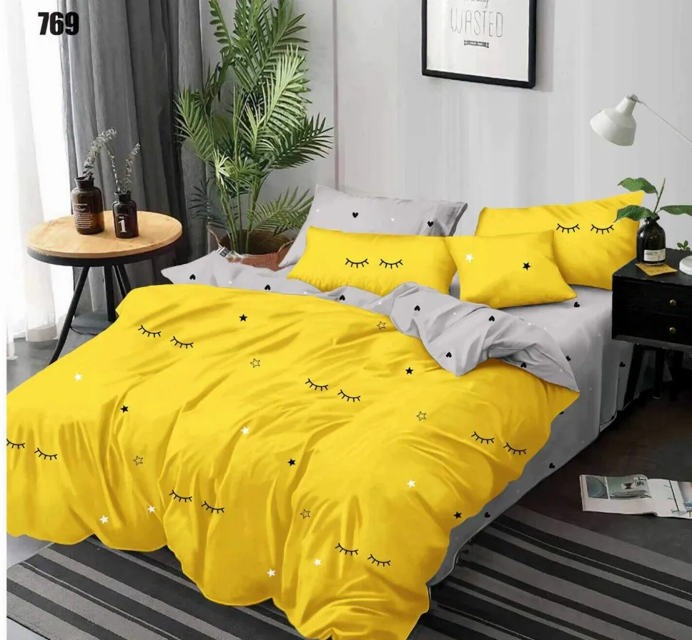 Lenjerii Pucioasa Super Elegant - Lenjerie de pat Finet 6 piese, galben cu ochi negri și stele-LP769