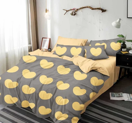 LENJERII DE PAT 1+1 GRATIS - Lenjerie de pat Finet  6 piese,Galben/Gri cu Inimioare -KY13