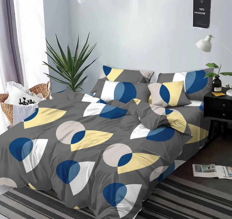 LENJERII DE PAT 1+1 GRATIS - Lenjerie de pat Finet 6 piese, gri cu forme geometrice albastre si galbene-KY90