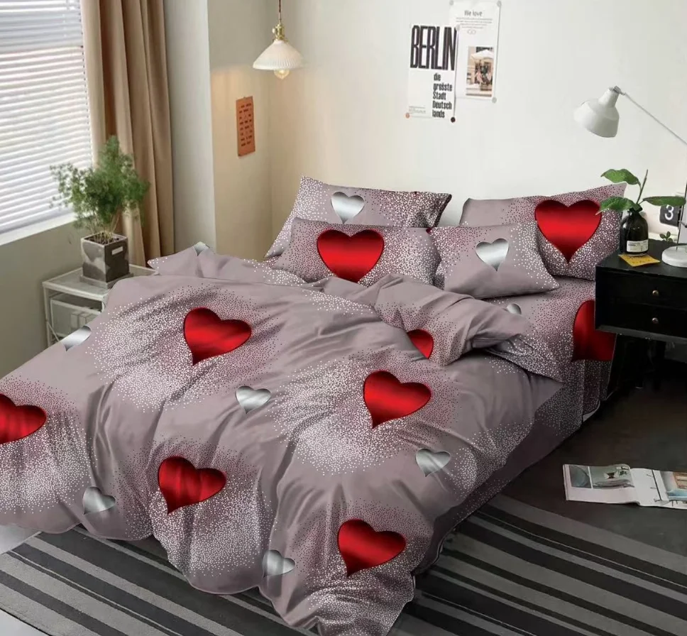 LENJERII DE PAT 1+1 GRATIS - Lenjerie de pat Finet 6 piese, gri cu inimi argintii si rosii-KY99