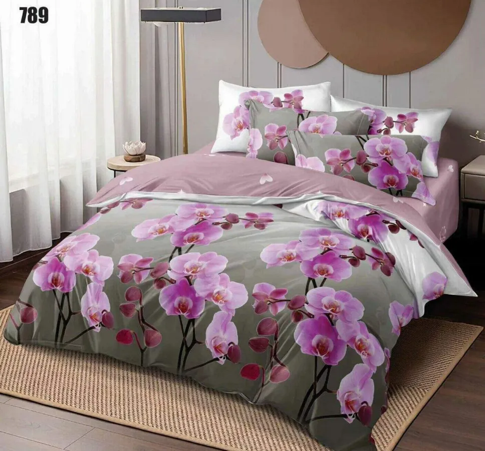 Lenjerii Pucioasa Super Elegant - Lenjerie de pat Finet 6 piese, gri cu orhidee roz și violet-LP789