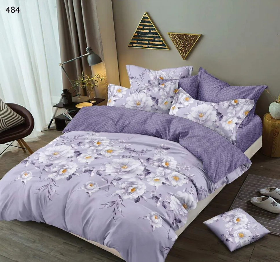 Lenjerii Pucioasa Super Elegant - Lenjerie de pat Finet 6 piese, lila cu flori albe si gri-LP484