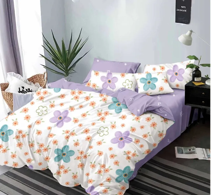 LENJERII DE PAT 1+1 GRATIS - Lenjerie de pat Finet  6 piese,Mov,Floricele colorate-KY43