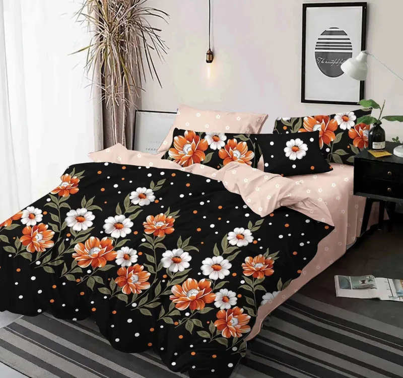 LENJERII DE PAT 1+1 GRATIS - Lenjerie de pat Finet  6 piese,Negru cu Bujori colorati-KY38