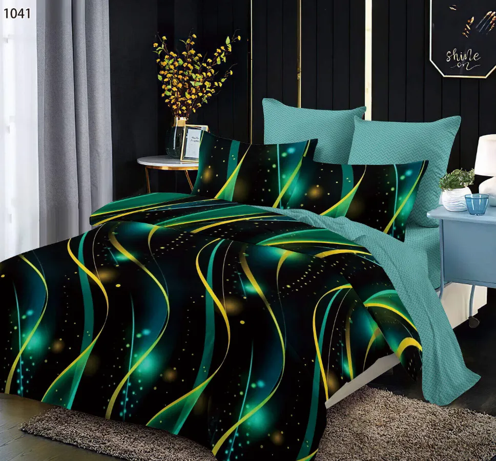 Lenjerii Pucioasa Super Elegant - Lenjerie de pat Finet 6 piese, negru cu unduiri verzi si aurii-LP1041