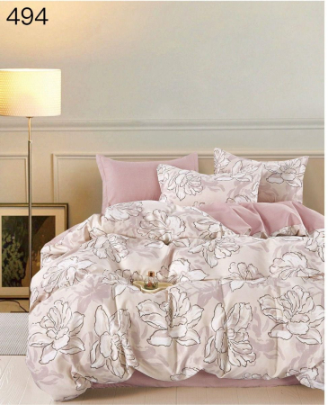 OFERTA  LENJERII - Lenjerie de pat Finet 6 piese,Pat dublu roz cu bujori albi desenati-GR494