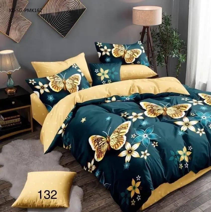 LENJERII DE PAT 1+1 GRATIS - Lenjerie de pat Finet 6 piese,Pat dublu,Verde/Galben cu Fluturi aurii-GR132