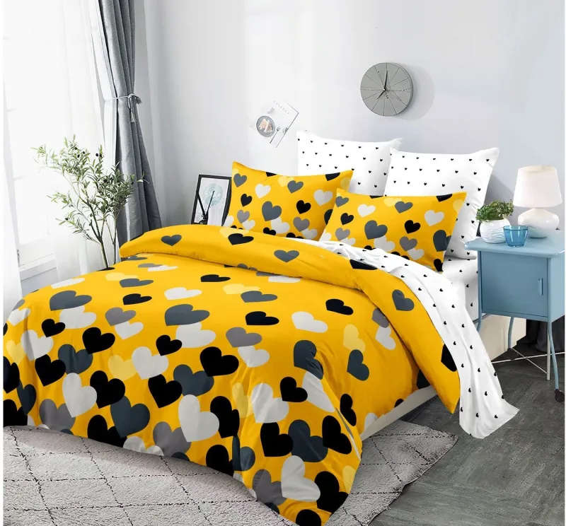 OFERTA 1+1 - Lenjerie de pat Finet 6 piese Primavara,Alb/Galben cu Inimioare-LC111