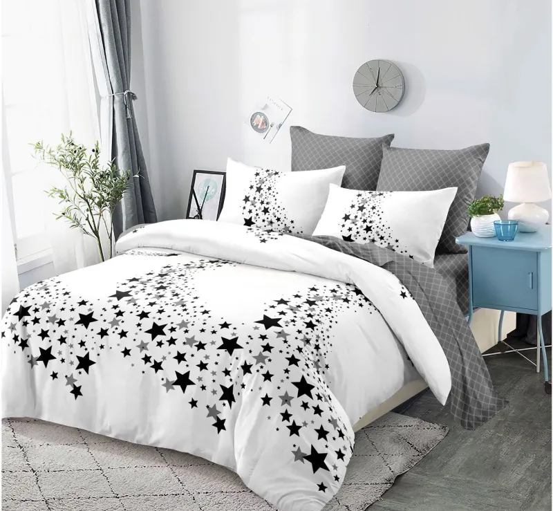 OFERTA 1+1 - Lenjerie de pat Finet 6 piese Primavara,Alb/Gri cu Stelute-LC168
