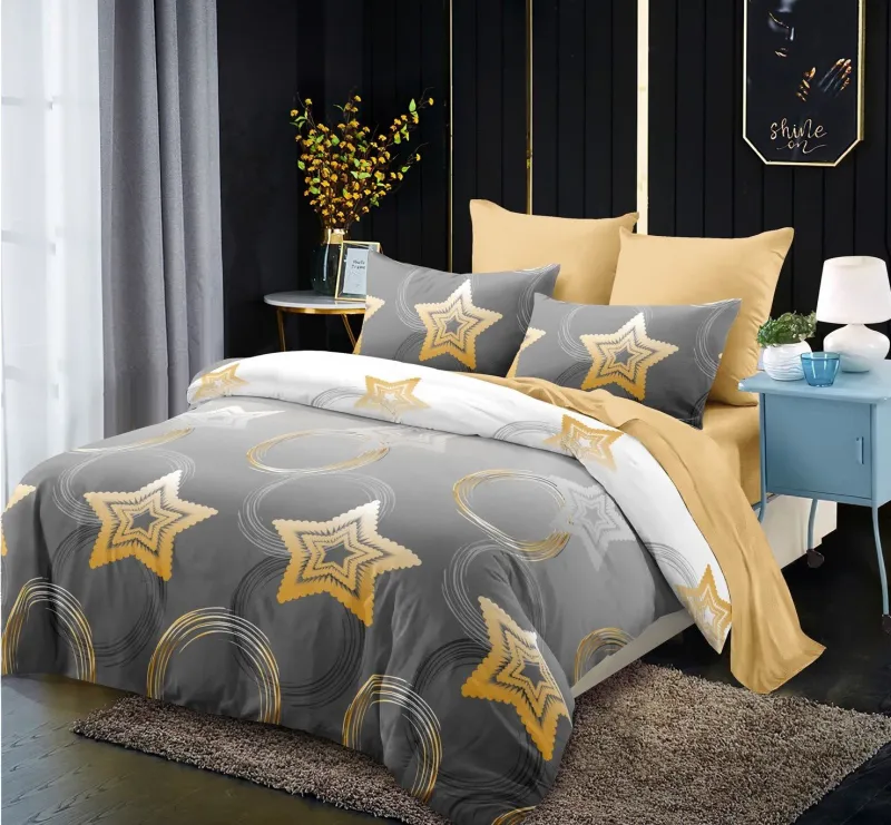 OFERTA 1+1 - Lenjerie de pat Finet 6 piese Primavara,Bej/Gri cu Stelute aurii-LC112