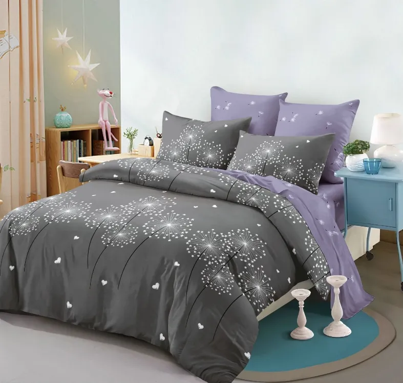 OFERTA 1+1 - Lenjerie de pat Finet 6 piese Primavara, gri cu pufuri de papadie si inimioare-LC184