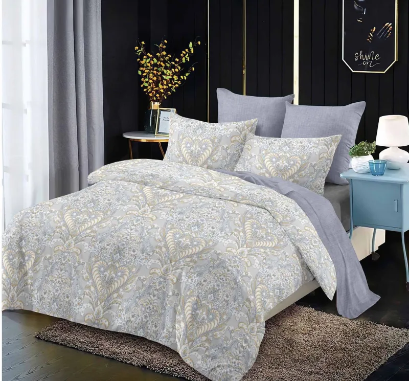 OFERTA 1+1 - Lenjerie de pat Finet 6 piese Primavara,Gri/Lila cu floricele-LC178