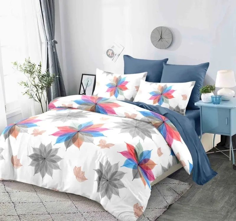 OFERTA 1+1 - Lenjerie de pat Finet 6 piese Primavara,pat dublu,Negru/Albastru,Feunze colorate-LC164