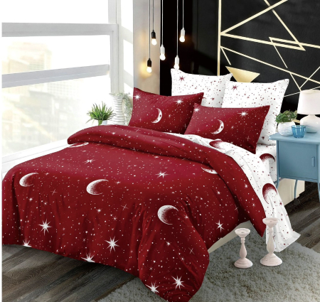 Lenjerii de pat Lux Primavara - Lenjerie de pat Finet 6 piese Primavara,Rosu/Negru cu stelute -LC169