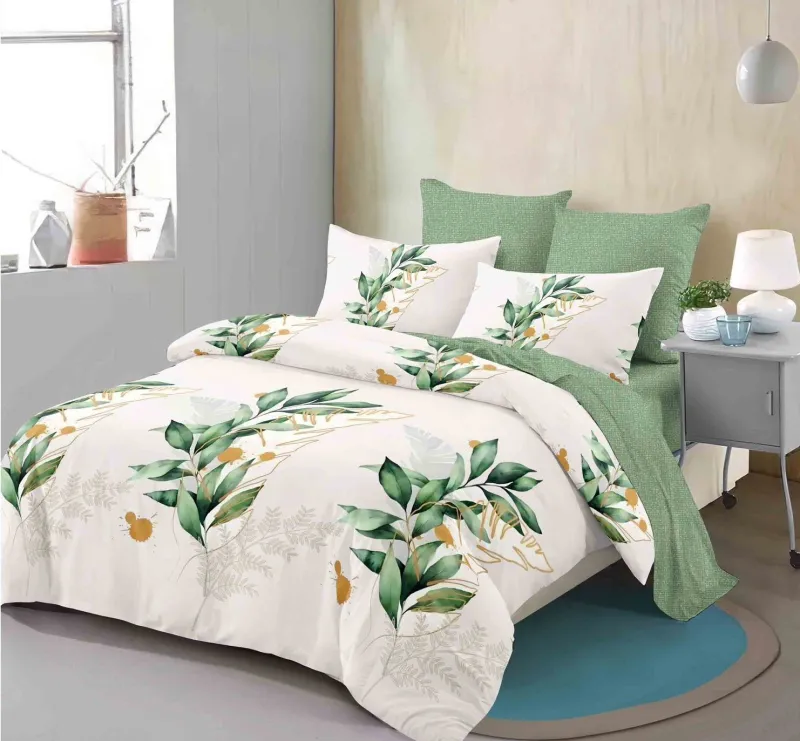 OFERTA 1+1 - Lenjerie de pat Finet 6 piese Primavara,Verde/Crem cu frunze-LC173