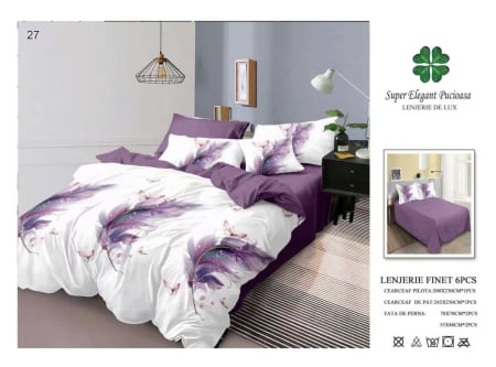 Lenjerii Pucioasa Super Elegant - Lenjerie de pat Finet 6 piese,Pucioasa alb cu flori mov și fluturi-LP27