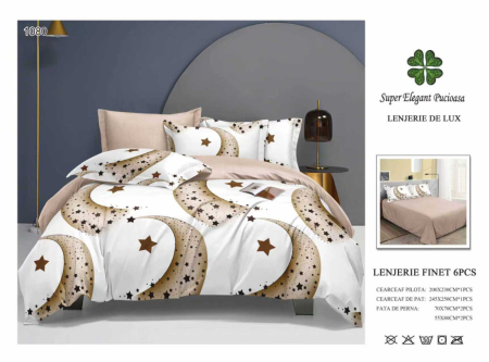 Lenjerii Pucioasa Super Elegant - Lenjerie de pat Finet 6 piese,Pucioasa alb cu lună și stele aurii-LP1080