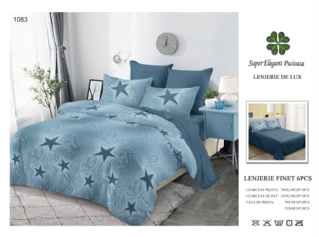 Lenjerii Pucioasa Super Elegant - Lenjerie de pat Finet 6 piese,Pucioasa albastru cu stelute negre-LP1083