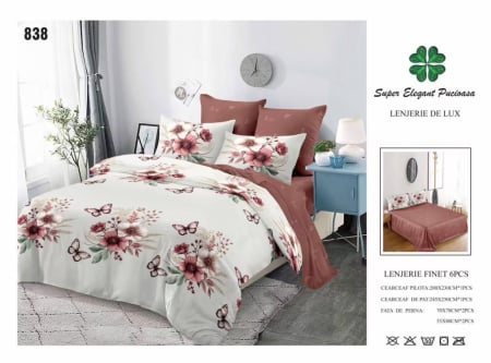 Lenjerii Pucioasa Super Elegant - Lenjerie de pat Finet 6 piese,Pucioasa crem cu flori roz și fluturi-LP838