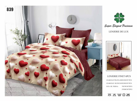 Lenjerii Pucioasa Super Elegant - Lenjerie de pat Finet 6 piese,Pucioasa crem cu inimioare roșii și albe-LP839