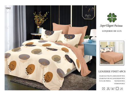 Lenjerii Pucioasa Super Elegant - Lenjerie de pat Finet 6 piese,Pucioasa crem cu motive geometrice și terracotă-LP1042