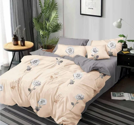 LENJERII DE PAT 1+1 GRATIS - Lenjerie de pat Finet 6 piese,Pucioasa,Crem cu Trandafiri gri-LJ53