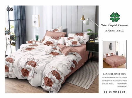 Lenjerii Pucioasa Super Elegant - Lenjerie de pat Finet 6 piese,Pucioasa crem cu trandafiri roșii și frunze-LP835