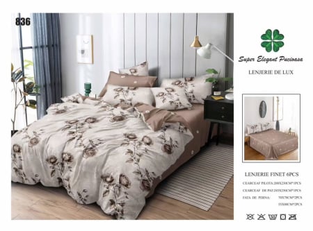 Lenjerii Pucioasa Super Elegant - Lenjerie de pat Finet 6 piese,Pucioasa crem cu trandafiri stilizati-LP836