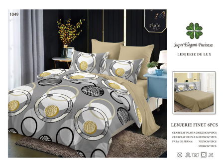 Lenjerii Pucioasa Super Elegant - Lenjerie de pat Finet 6 piese,Pucioasa gri cu cercuri negre și aurii-LP1049