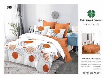 Lenjerii Pucioasa Super Elegant - Lenjerie de pat Finet 6 piese,Pucioasa portocaliu cu cercuri și dungi albe-LP833