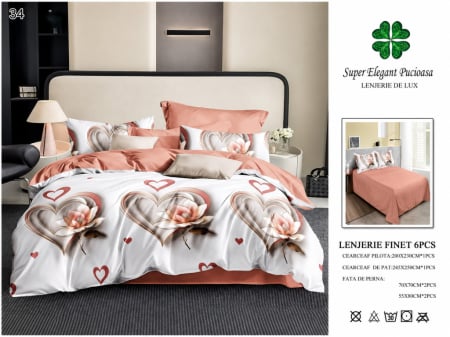 Lenjerii Pucioasa Super Elegant - Lenjerie de pat Finet 6 piese,Pucioasa roz corai cu flori și inimioare-LP34