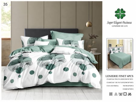Lenjerii Pucioasa Super Elegant - Lenjerie de pat Finet 6 piese,Pucioasa verde și alb cu frunze în stil geometric-LP35