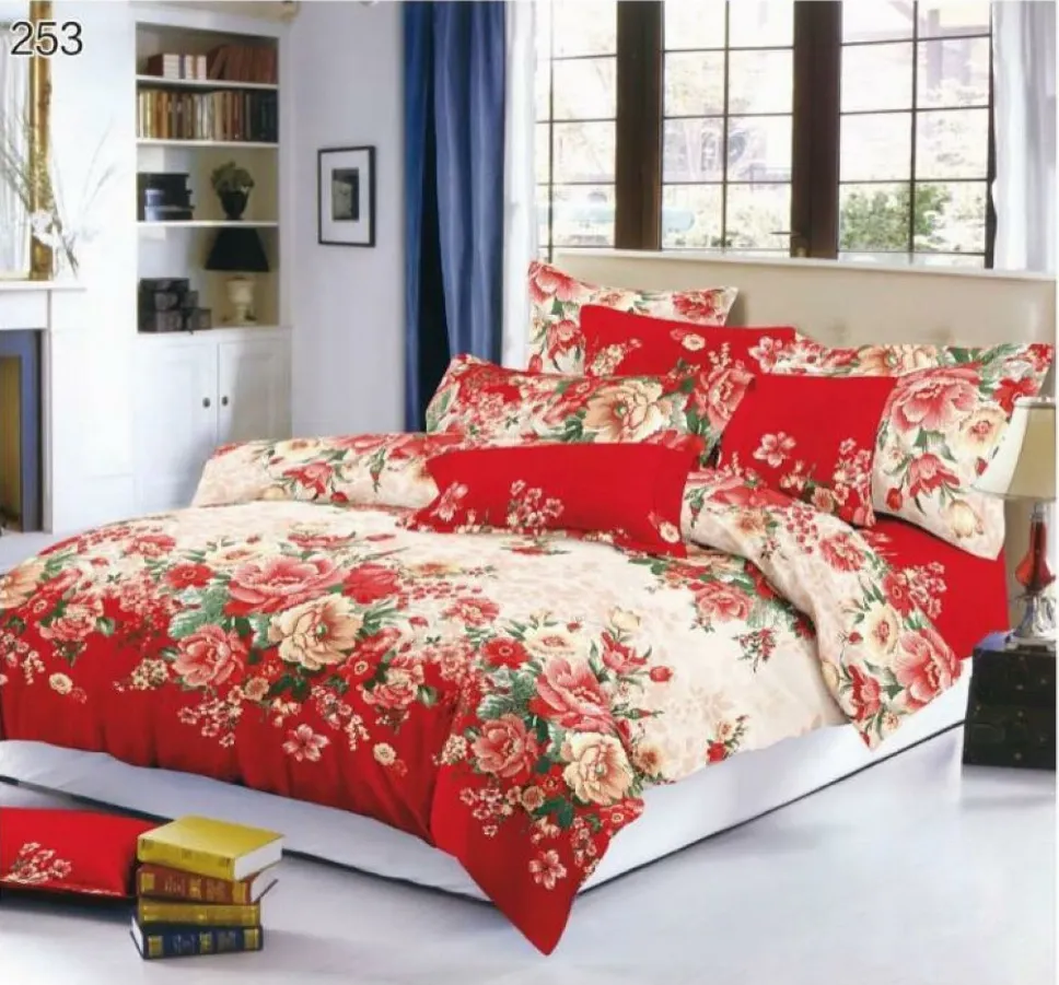 Lenjerii Pucioasa Super Elegant - Lenjerie de pat Finet 6 piese, roșu cu flori bogate-LP253