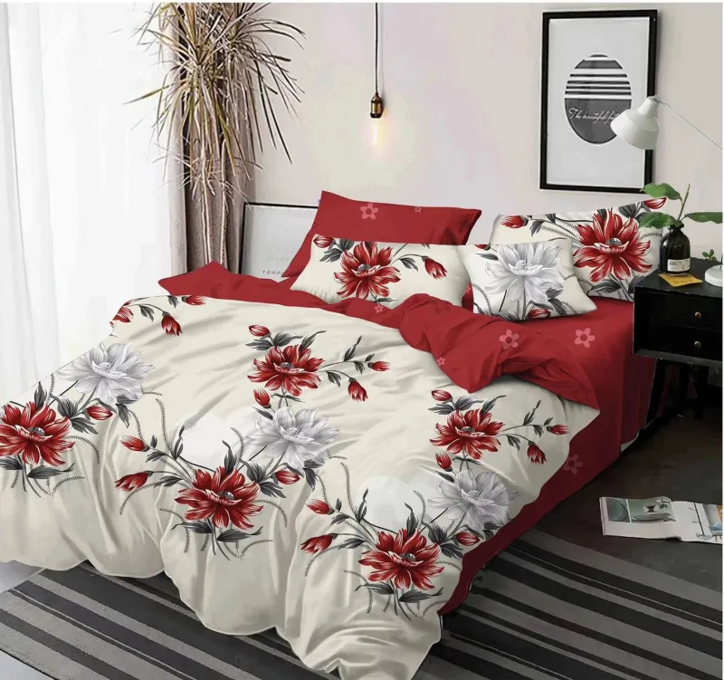 LENJERII DE PAT 1+1 GRATIS - Lenjerie de pat Finet  6 piese,Rosu cu imprimru floral-KY69