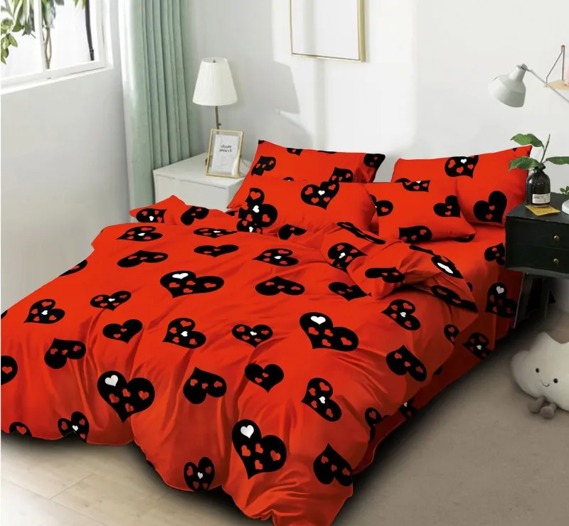 LENJERII DE PAT 1+1 GRATIS - Lenjerie de pat Finet  6 piese,Rosu cu inimioare negre-KY6