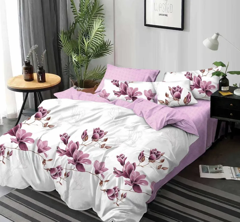 LENJERII DE PAT 1+1 GRATIS - Lenjerie de pat Finet  6 piese,Roz/Alb,Flori Magnolie-KY78
