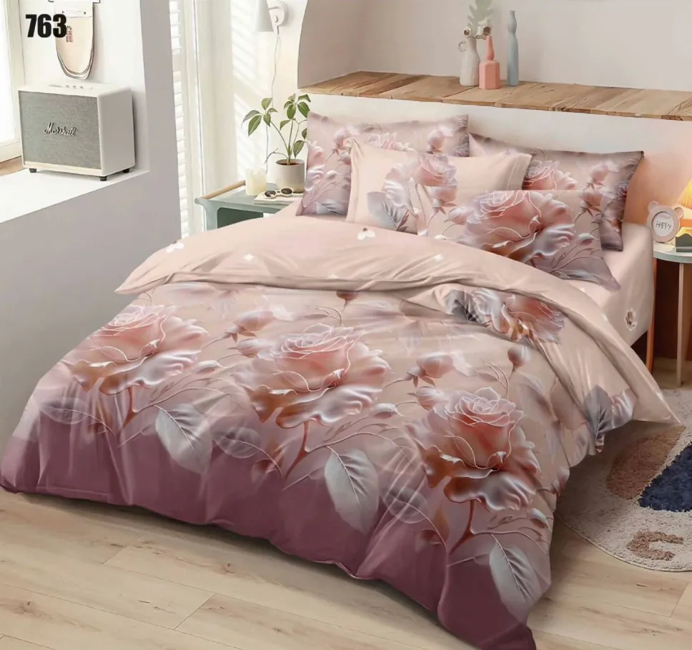 Lenjerii Pucioasa Super Elegant - Lenjerie de pat Finet 6 piese, roz cu trandafiri imperiali și frunze-LP763