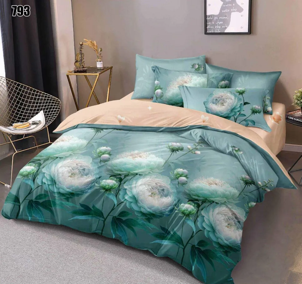 Lenjerii Pucioasa Super Elegant - Lenjerie de pat Finet 6 piese, turcoaz cu bujori albi eleganti-LP793
