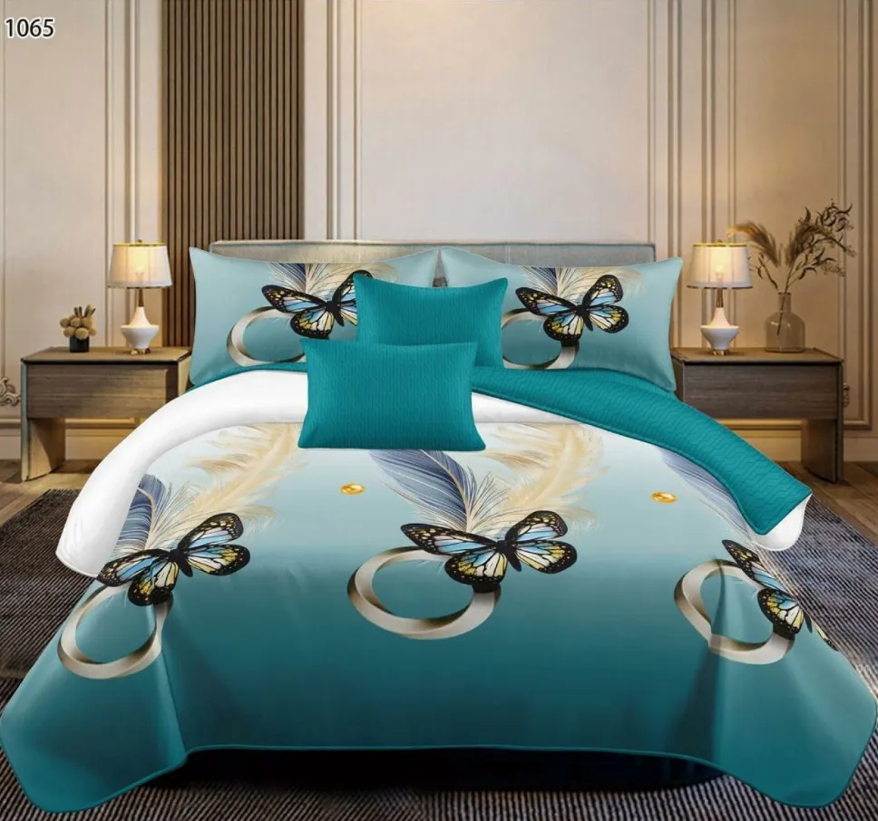 Lenjerii Pucioasa Super Elegant - Lenjerie de pat Finet 6 piese, turcoaz cu fluturi si inele aurii-LP1065