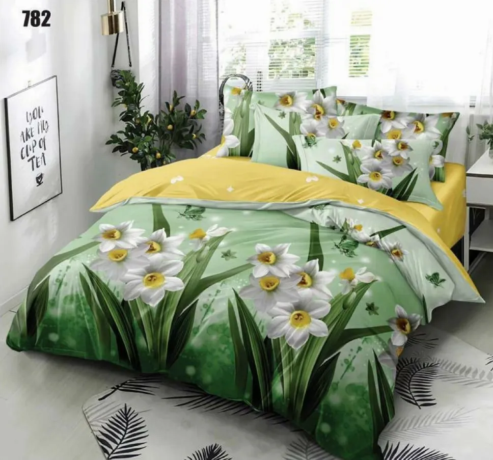 Lenjerii Pucioasa Super Elegant - Lenjerie de pat Finet 6 piese, verde cu narcise albe si galbene-LP782