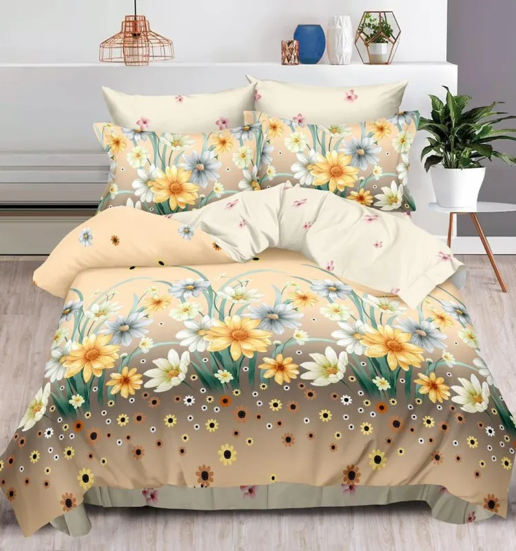 OFERTA 1+1 - Lenjerie de pat Finet Pucioasa 6 piese,Bej cu floricele de camp-R469