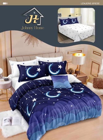 Lenjerii de pat Finet Pucioasa - Lenjerie de pat Finet Pucioasa 6 piese,Bleumarin/Alb,Luna si stele -R256