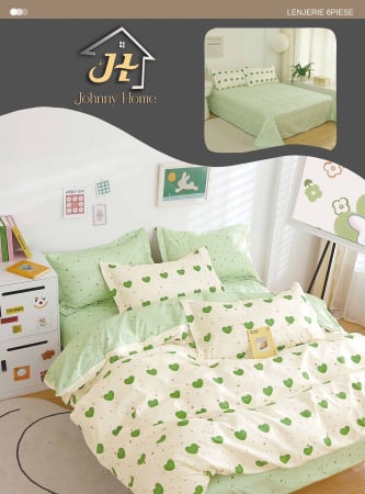 Lenjerie de pat Finet Pucioasa 6 piese,Crem/Verde cu Inimioare-R525
