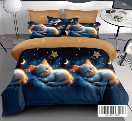 OFERTA  LENJERII - Lenjerie de pat Finet Pucioasa 6 piese, Imprimeu Pisici albe dormind, stele și semiluni pe fundal -R621