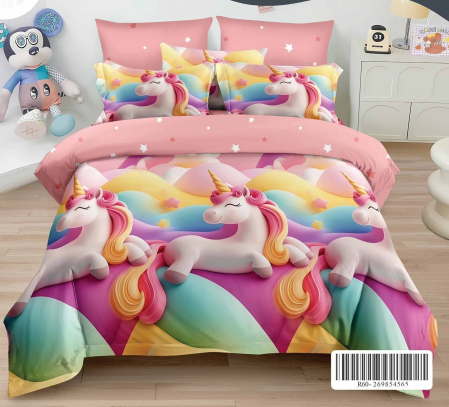 OFERTA  LENJERII - Lenjerie de pat Finet Pucioasa 6 piese, imprimeu animat cu unicorni, curcubee și steluțe-R620