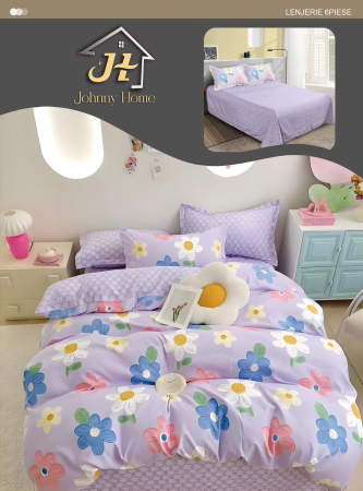 Lenjerii de pat Finet Pucioasa - Lenjerie de pat Finet Pucioasa 6 piese,Lila cu Floricele colorate-R605
