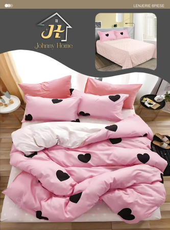 Lenjerii de pat Finet Pucioasa - Lenjerie de pat Finet Pucioasa 6 piese,Roz cu Inimioare negre-R359
